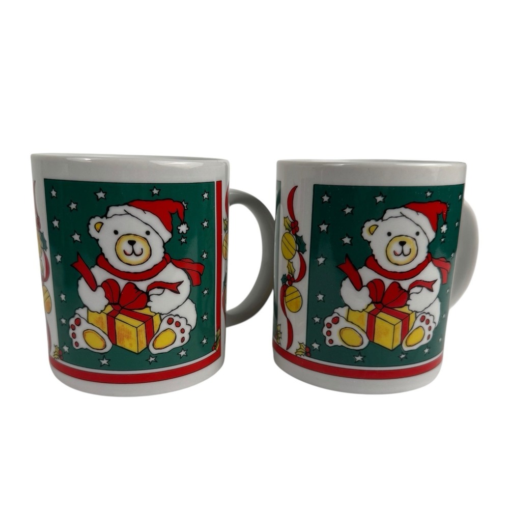 Vintage 1988 Houston Foods Christmas Polar Bear With Present Coffee Cups 2 E72Q